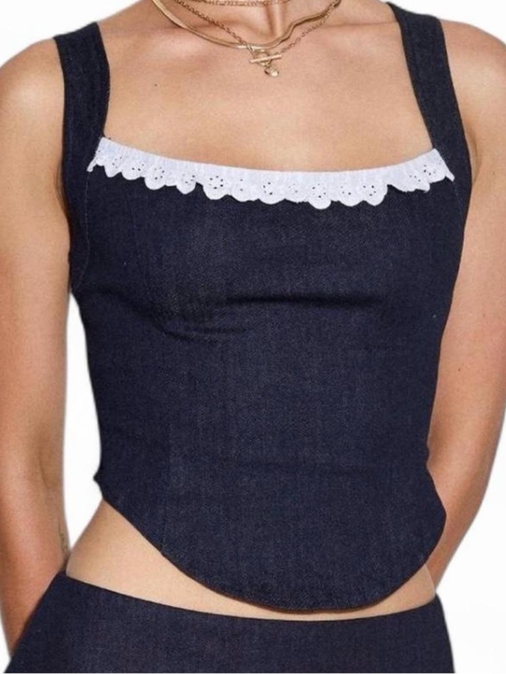 Motel Kayatra Corset Top In Chambray Indigo with lace trim
